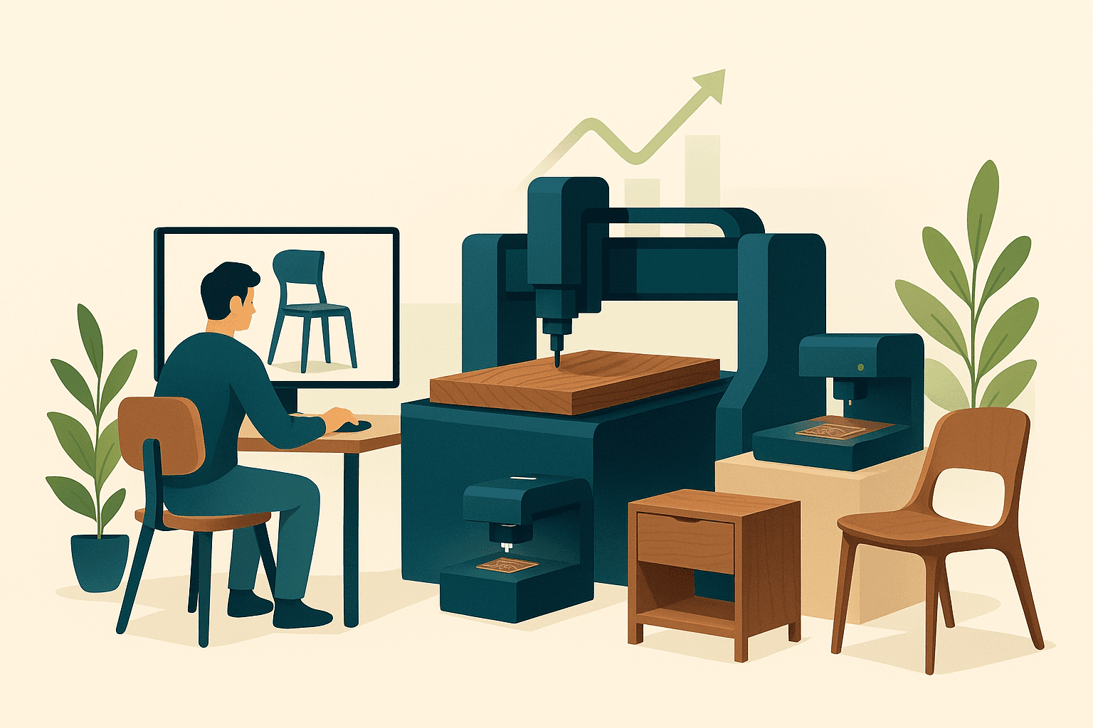 Ilustración del programa: una diseñadora trabajando con software CAD junto a una máquina CNC que talla madera de nogal y un grabado láser, con mobiliario de diseño — del diseño digital a la fabricación avanzada en el sector madera-mueble.