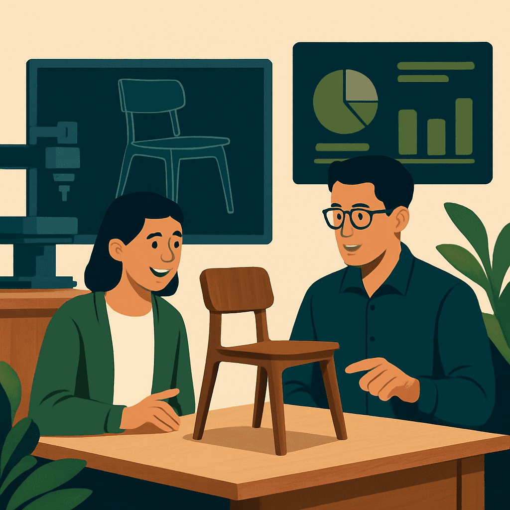 Sesión de mentoría en un estudio de diseño moderno: acompañamiento sobre un prototipo de mobiliario, su modelo CAD y el modelo de negocio del proyecto.